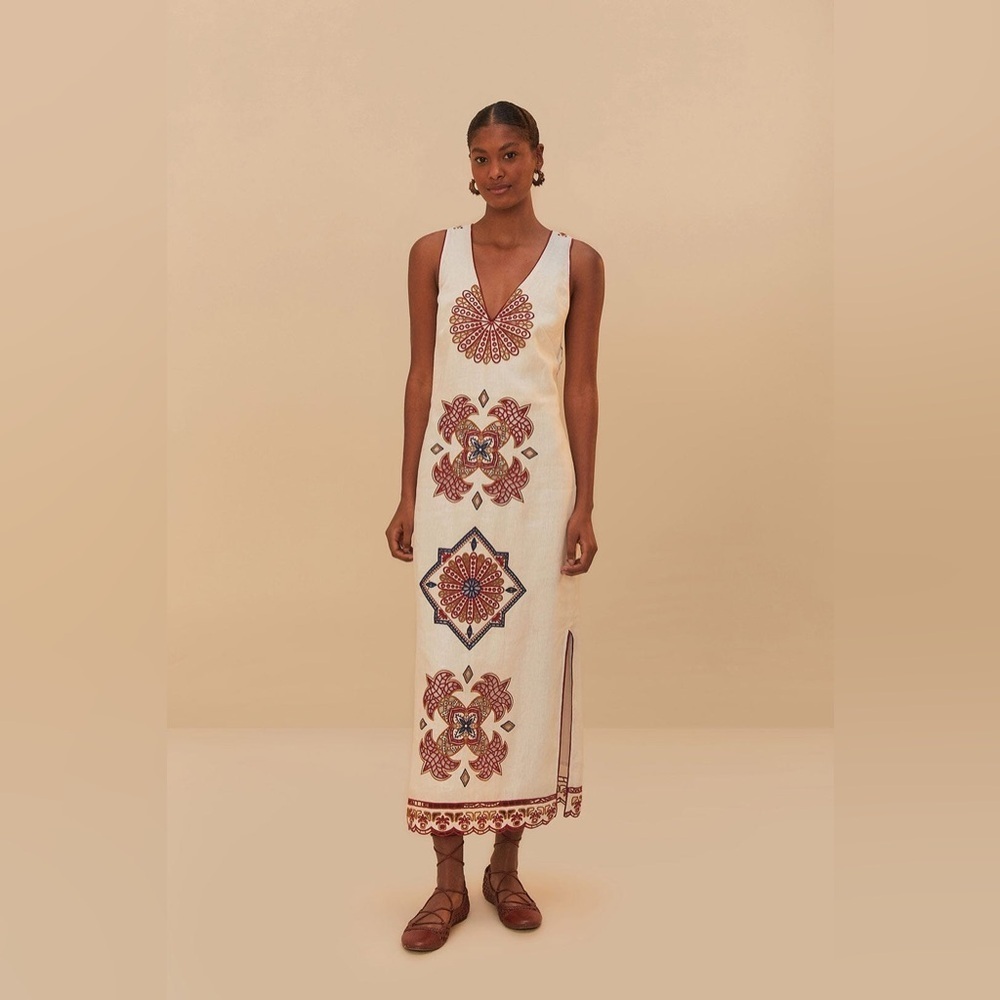 new Farm Rio Off-White Marys Tiles Richelieu Euroflax™ Premium Linen Midi Dress